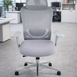 Ergonomic office chair with breathable mesh back and padded grey seat in office setting